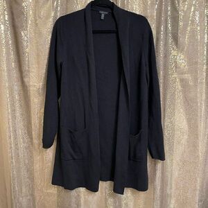 Eileen Fisher Black Open Front 100% Wool Cardigan Medium Flawed